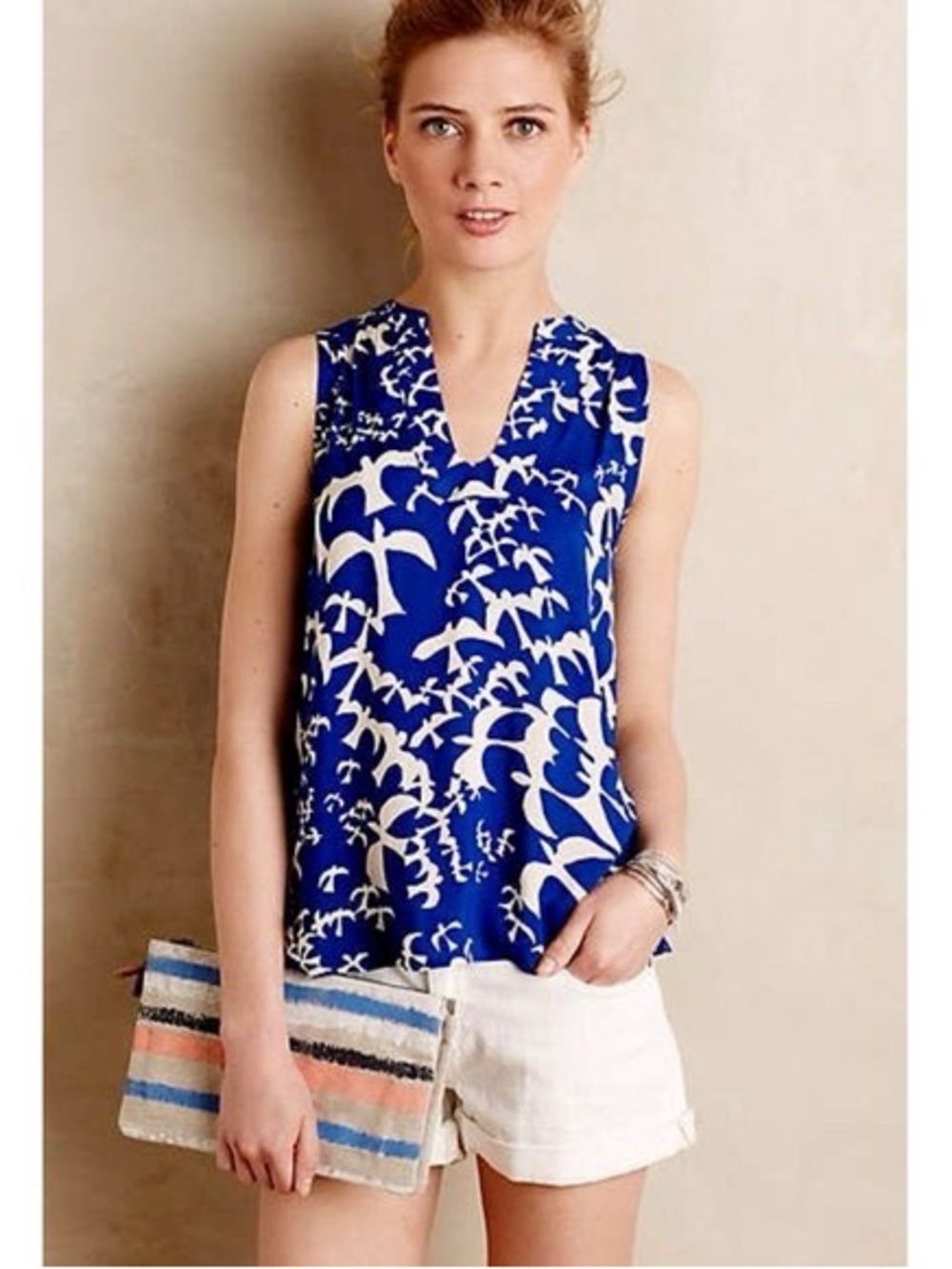 Maeve for Anthropologie Enna Blue and White Bird-Print V-Neck Top